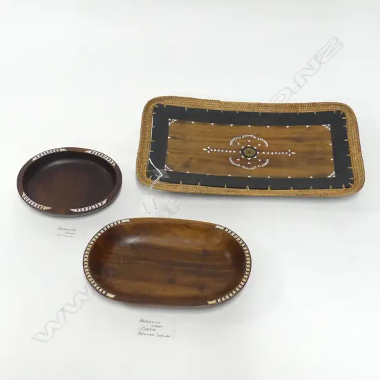 3 SOLOMAN ISLAND MOP INLAID WOOD PLATTERS LONGEST440MM