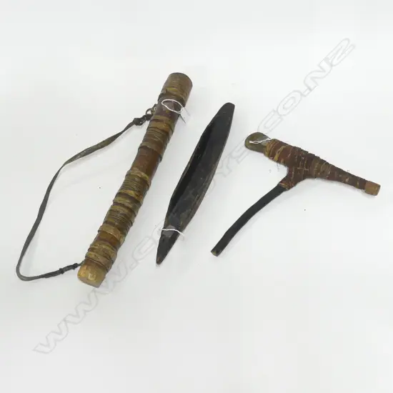 SMALL WOOD HANDLED STONE AXE L290MM DANCE RATTLE L510MM & MODEL CANOE L420MM