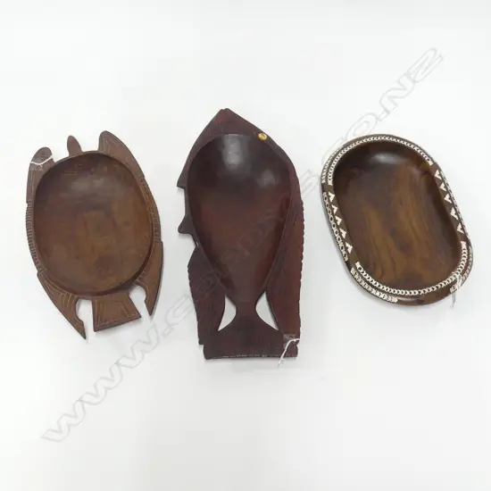 3 PACIFIC ISLAND WOOD FOOD BOWLS FISH L500MM BIRD L380MM MOP INLAID L360MM