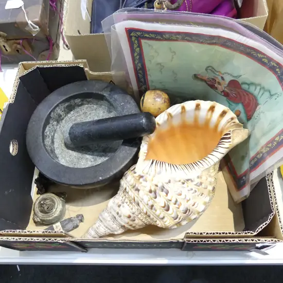 3 INDIAN FABRIC ARTWORKS, 3 RUSSIAN DOLLS, SHELL L.335mm, MORTAR & PESTLE ETC