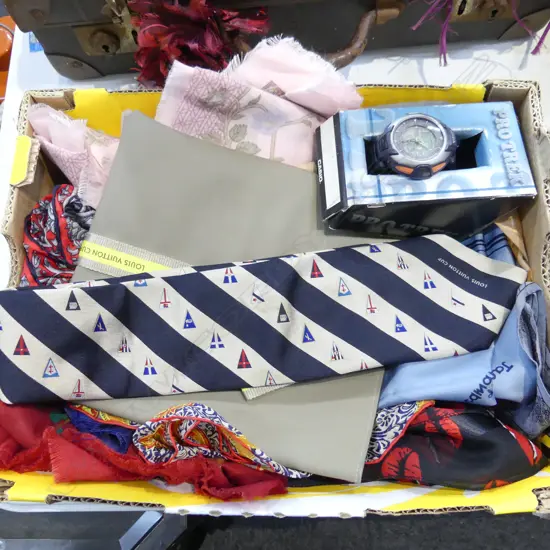 ASST. SCARVES + LOUIS VUITTON CUP BAG & TIE, PROTECT WRIST WATCH