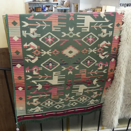 GREEN NAVAJO STYLE COTTON RUG
