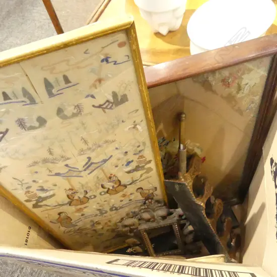 FRAMED NEEDLEWORKS (PR MANDARIN COLLARS +1), 2 ETCHINGS, CASED RULER ETC