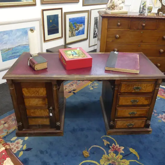 EDWARDIAN KAURI LEATHER TOPPED OFFICE DESK  L1450 MOTTLED DRAWERS