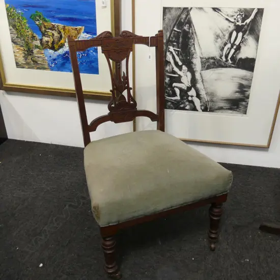 CARVED BACKED MAHOGANY CHAIR GREEN VELVET SEAT