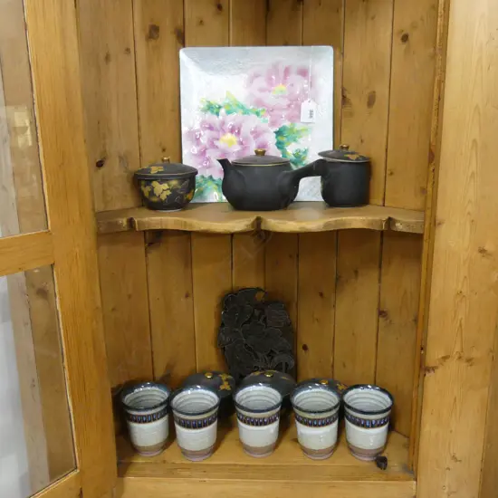 6 PCE JAPANESE TEA SET, 5 CUPS, PRINTING BLOCK, ENAMELLED PLATE 240x240mm