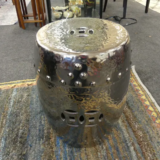 CERAMIC GARDEN DRUM STOOL w. SILVER FINISH H.440mm