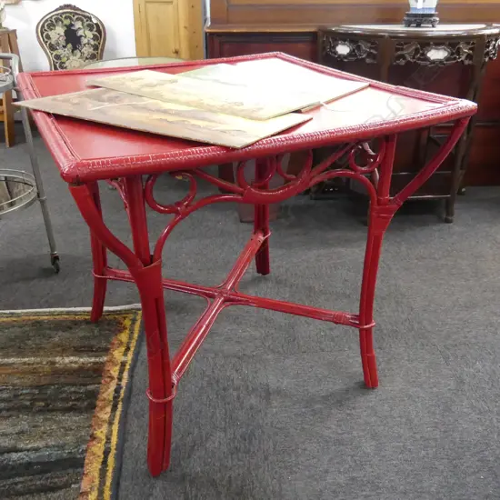 RED PAINTED CANED TABLE 760x760x740mm