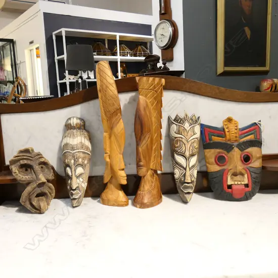 ESKIMO MASKS (3 WOODEN & 1 POTTERY,TALLEST 280MM) & 2 WOODEN SCULPTURES, 460MM