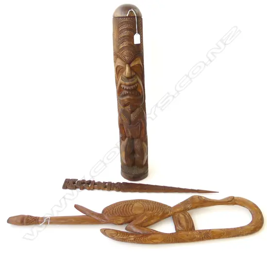 CARVED WOOD TONGAN FIGURE H780MM & 2 CARVED FOOD STICKS 990MM TALLEST