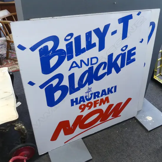 VINTAGE RADIO HAURAKI PROMOTIONAL SIGNAGE FEATURING BILLY T + BLACKIE 1000X1000MM
