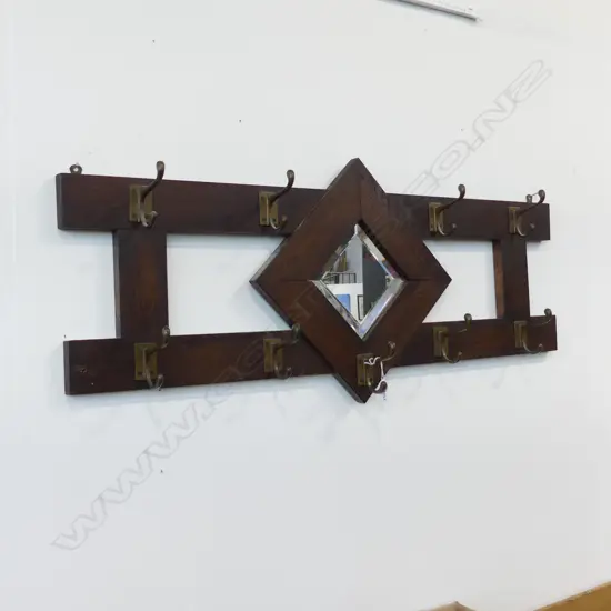 ARTS & CRAFTS OAK COAT RACK w. MIRROR 415x1000mm