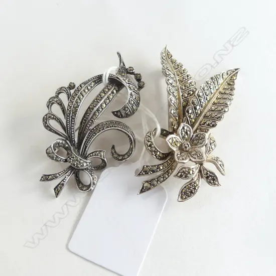 2 VINTAGE SILVER & MARCASITE FLORAL SPRAY BROOCHES