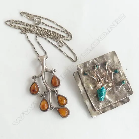 STYLISH SILVER & AMBER NECKLACE + OTHER BROOCH 