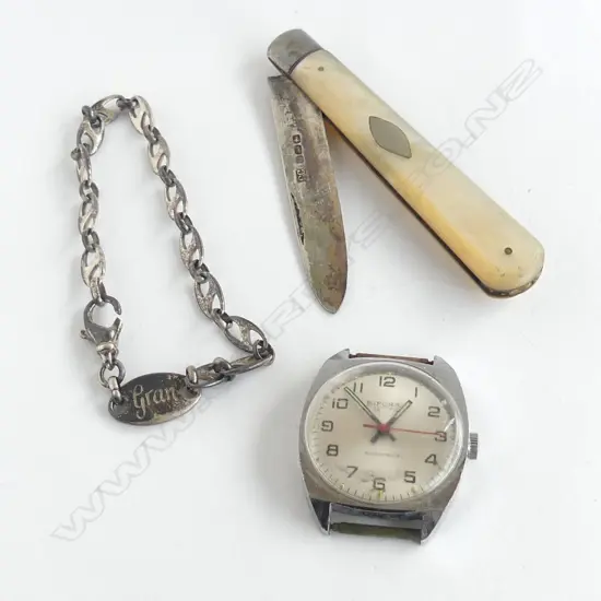 Birmingham 1886 SILVER & MOP POCKET KNIFE + SILVER BRACELET 'GRAN' + GENT'S WATCH BIFORA WRISTWATCH no bracelet