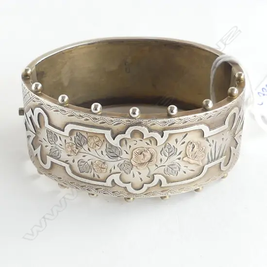 Birmingham 1884 SILVER FANCY HINGED BANGLE (Victorian) gold highlights 30gms Clasp edge needs repair