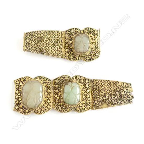 VINTAGE CHINESE JADE GILDED FILIGREE BRACELET, LINK NEEDS REPAIR