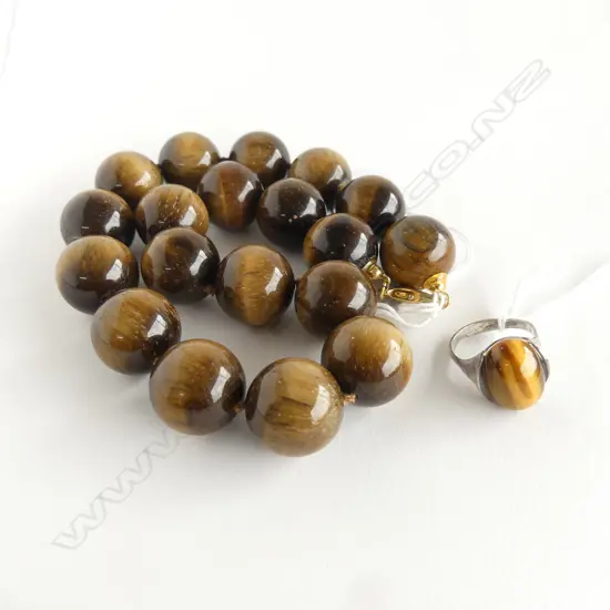 TIGER EYE BEAD NECKLACE, HANDKNOTTED, BEADS W.20mm & SILVER & TIGER EYE RING  SIZE R