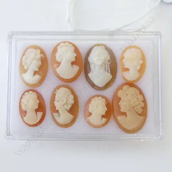 8 VINTAGE ART NOUVEAU CAMEOS, VARIOUS SZS 10 -20mm