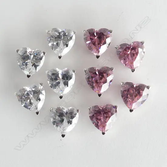 10 SILVER SET PINK & WHITE CZ HEART PENDANTS, NEW