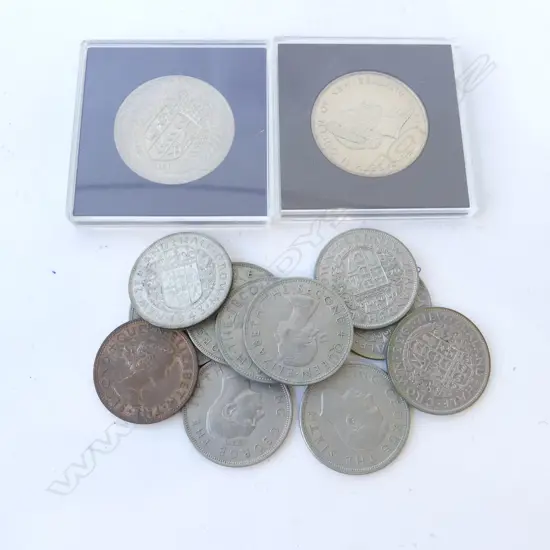NZ COINS; 10 HALF CROWNS, 1958 PENNY & 2 CASED PROOF COINS