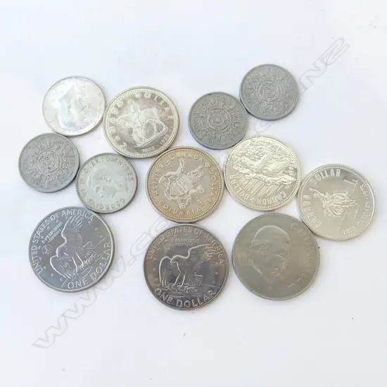 WORLD COINS; 4 CANADIAN DOLLARS, 3 US, 4 UK 2 SHILLINGS, 1965 CHURCHILL CROWN