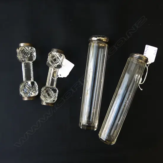 2 S/SILVER TOPPED JARS L170MM & PR SILVER CAPPED  CARVER RESTS
