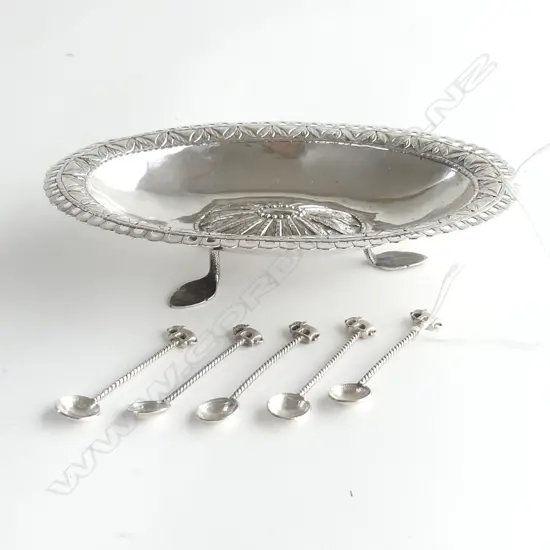 INDIAN SILVER CARD DISH + 5 ELEPHANT SPOONS L 180 MM  106 G