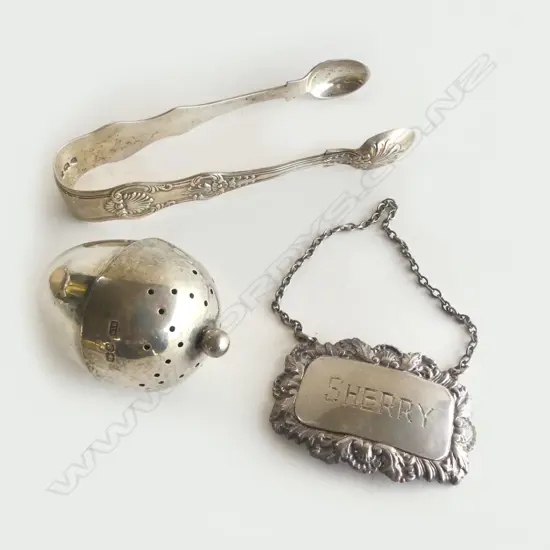 WM IV SILVER SUGAR TONGS King's Pattern + SILVER EGG PEPPERETTE (together 112gms) + SILVER ? SHERRY BOTTLE TICKET