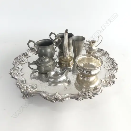 SILVER PLATE TRAY 365mm dia + 8 ASST. PCES