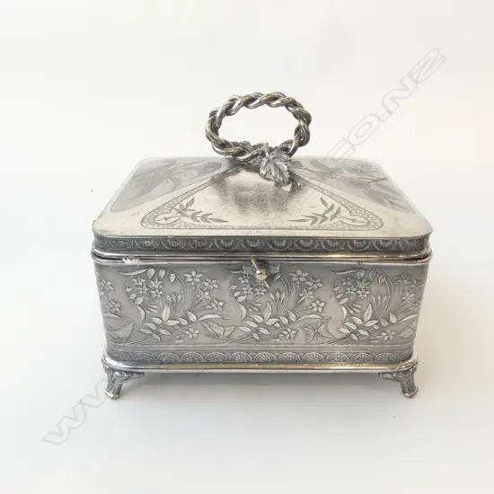 VICTORIAN REED & BARTON AESTHETIC MOVEMENT SILVER PLATED JEWELLERY BOX W. BUTTERFLY & FLORAL DECORATION, L.180MM W.160MM