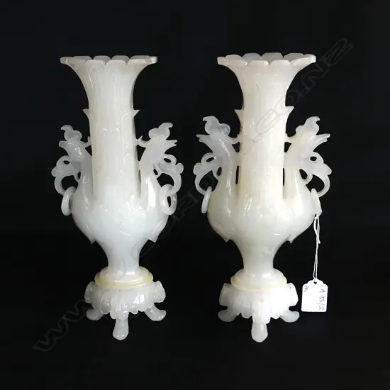 PR WHITE JADE? CANDLE HOLDERS w. CAPTURED RING HANDLES H.250mm