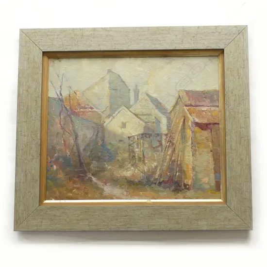 VILLAGE SCENE, OIL ON BOARD, SIGNED, 330 x 390mm