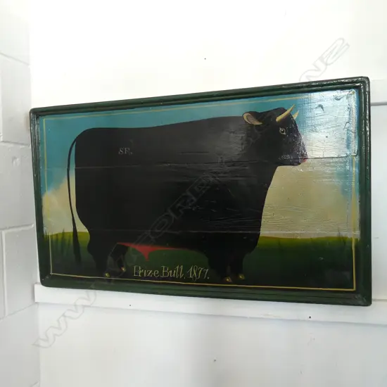 ANTIQUE STYLE ARTWORK 'PRIZE BULL 1877' ACRYLIC ON WOOD 435x755mm