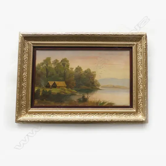 MAORI SETTLEMENT, ARTIST UNKNOWN, OIL ON BOARD, 260 x 440mm