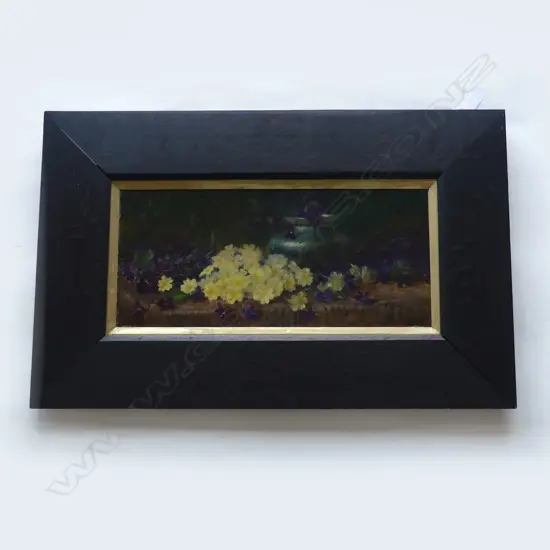 STILL LIFE w VIOLETS, OIL ON CANVAS, SIGNED CMS, 250 x 550mm