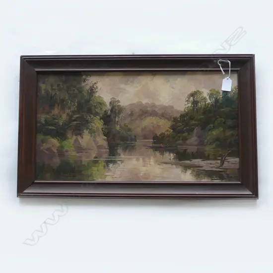 OIL ON BOARD EARLY 20THC BY W ALLEN BOLLARD, PROBABLY WANGANUI RIVER DEPICTING A RIVER WAKA. 290X530mm