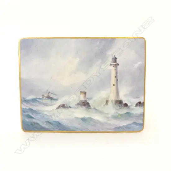 ROYAL CROWN DERBY HAND PAINTED PLAQUE 'EDDYSTONE LIGHTHOUSE' signed W.E.J. DEAN 150 x 110mm. 