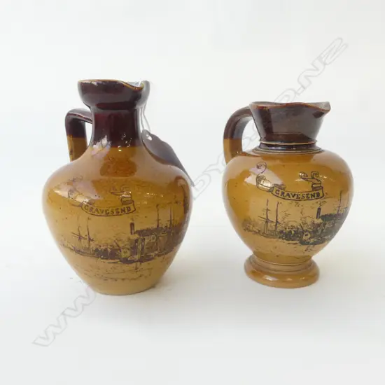 TWO ANTIQUE DOULTON LAMBETH STONEWARE ‘GRAVESEND’ JUGS, H.80MM H.90MM