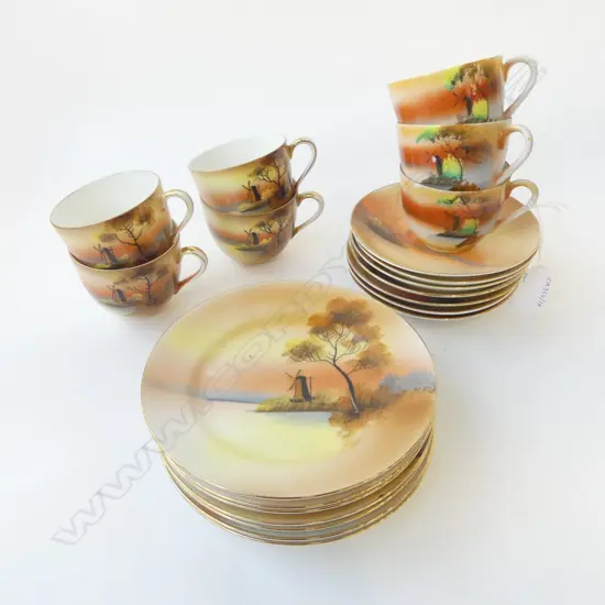 SEVEN NORITAKE TRIOS WITH HAND PAINTED WINDMILL SCENE (21 PIECES)