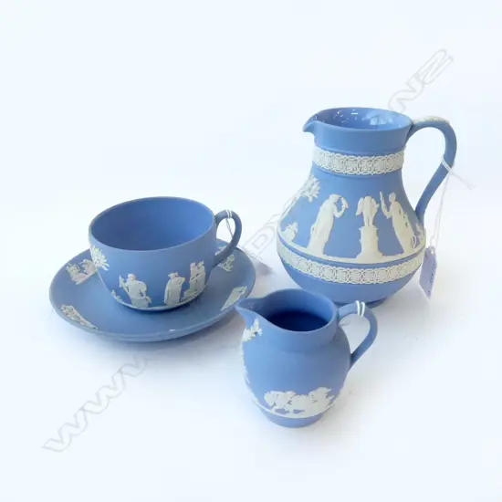 3 PCS BLUE WEDGWOOD JASPERWARE, 2 JUGS & CUP/SAUCER