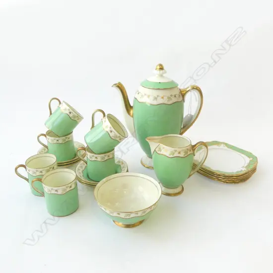 21 PC VINTAGE ROYAL DOULTON COFFEE SET, PALE GREEN & GOLD, 6 C/S COFFEE POT (lid faults), SIDEPLATES, M/S
