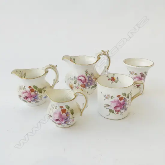 ROYAL CROWN DERBY TRIO JUGS, POSEY VASE & COFFEE CUP