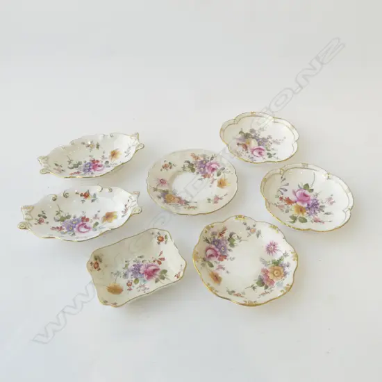 COLLECTION 7 ROYAL CROWN DERBY PIN DISHES, ASST PATTERNS