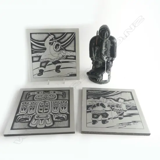 3 INUIT WALL PLAQUE , 220X 220MM & 1 SCULPTURE ESKIMO WITH SPEAR AND SEAL, H.240MM