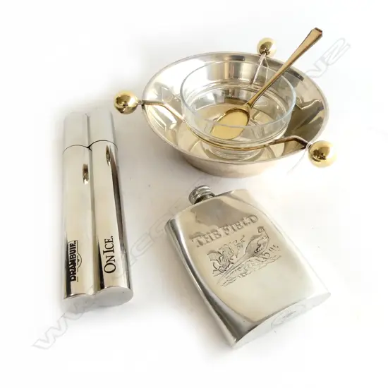 SILVER PLATE HIP FLASK + DISH W glass liner + CHROME CIGAR HOLDER
