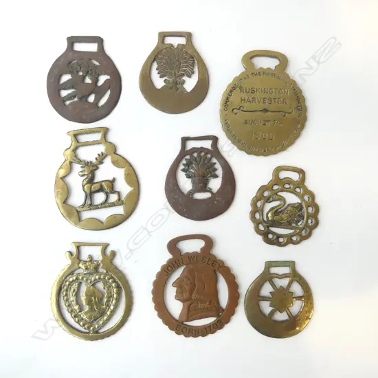 NINE HORSE BRASSES – INCL. QUEEN VICTORIA, JOHN WESLEY, SHIRE STALLION, STAG ETC