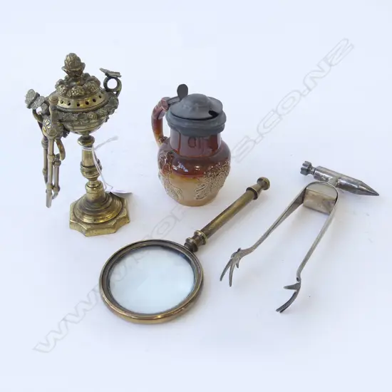 5 PCES; MAGNIFYING GLASS, MINI TONGS & POKER, POTPOURRI, MUSTARD POT, TONGS