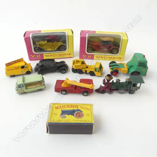 10 VINTAGE MATCHBOX TOYS – 1913 CADILLAC, 1914 STUTZ, TRACTOR IN BOXES, AND 7 OTHER MATHCBOX INCL. EVENING NEWS VAN, COM