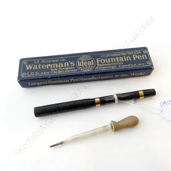 VINTAGE IDEAL WATERMAN FOUNTAIN PEN w. 14CT NIB & 2 9CT BANDS, + INK DROPPER, IN ORIG. BOX
